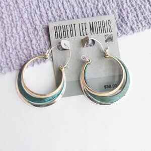 Robert Lee Morris Soho Two Tone Green Enamel Crescent Hoop Earrings Modern Chic